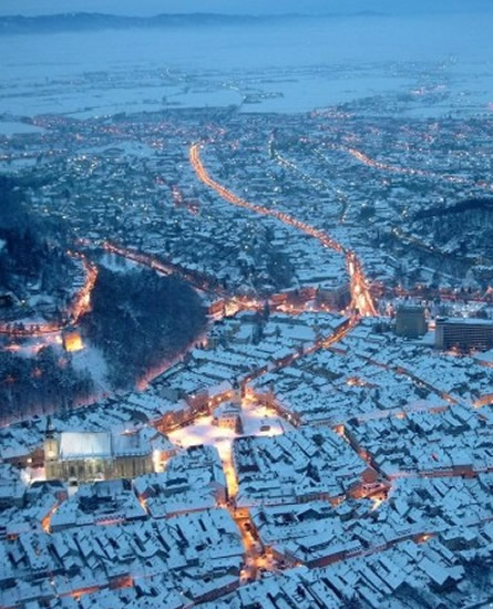 Brasov old town seen from the Poiana Brasov mountain road.